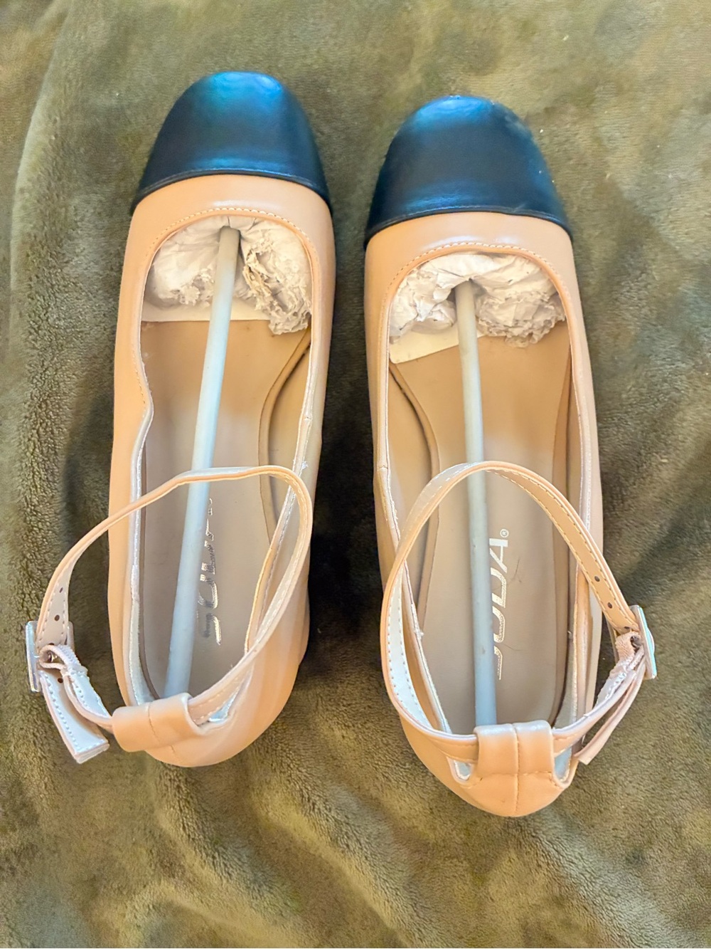 Soda Two-Tone Ankle-Strap Ballet Flats in Beige and Black